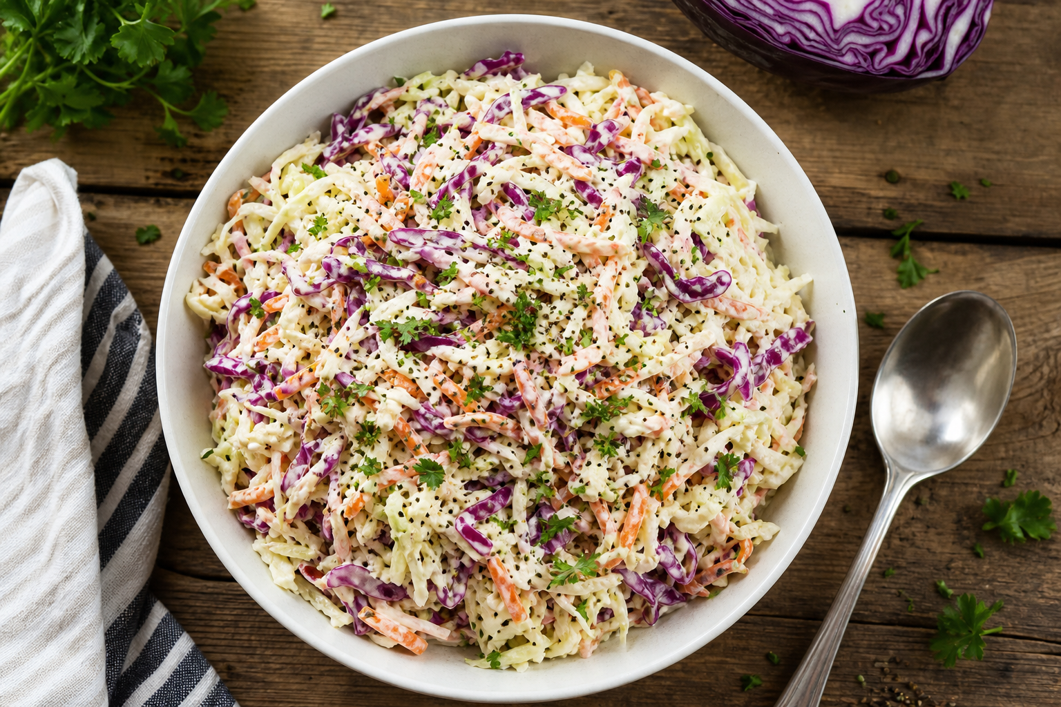 Large white bowl of creamy homemade coleslaw with shredded cabbage and carrot on wooden table