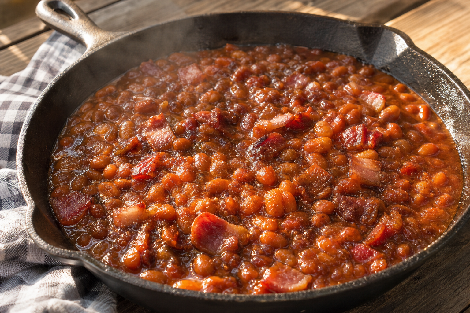 Cast iron skillet of smoky bubbling baked beans with bacon pieces and molasses glaze outdoors