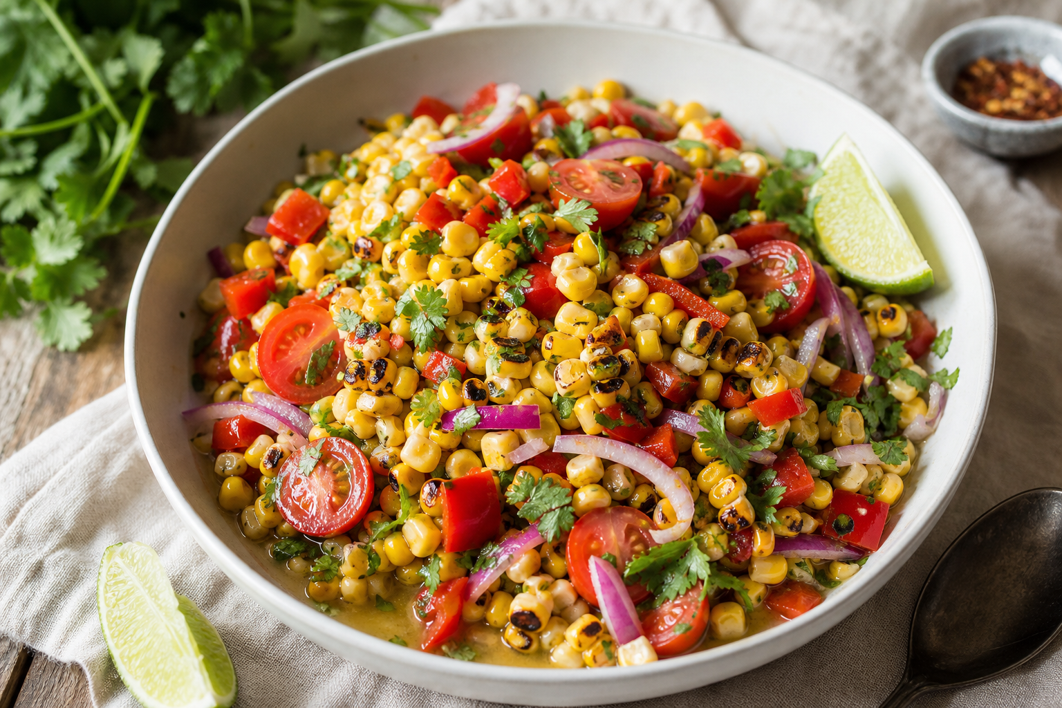 Colorful charred corn salad with cherry tomatoes red pepper and cilantro in a white bowl