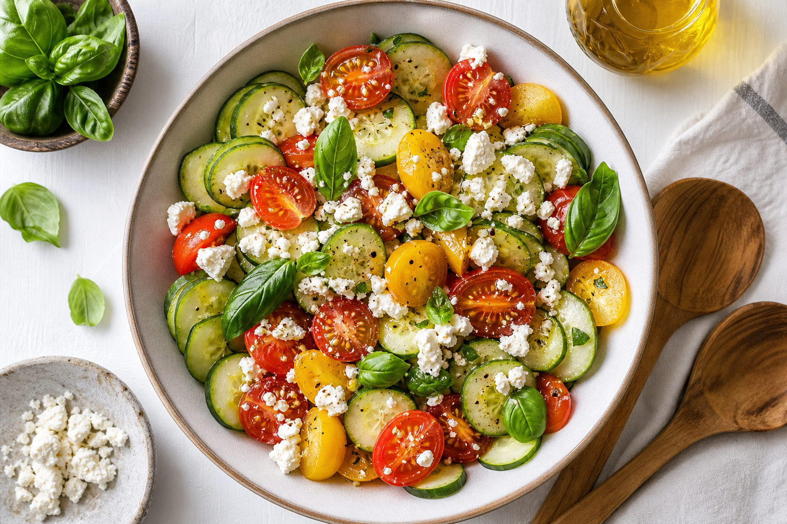 Overhead view of cucumber tomato feta salad with heirloom tomatoes basil and olive oil drizzle
