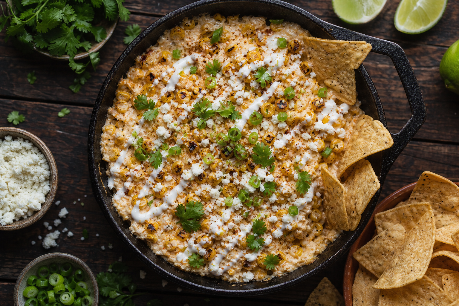 Warm street corn dip in cast iron skillet with cotija chili powder crema and tortilla chips
