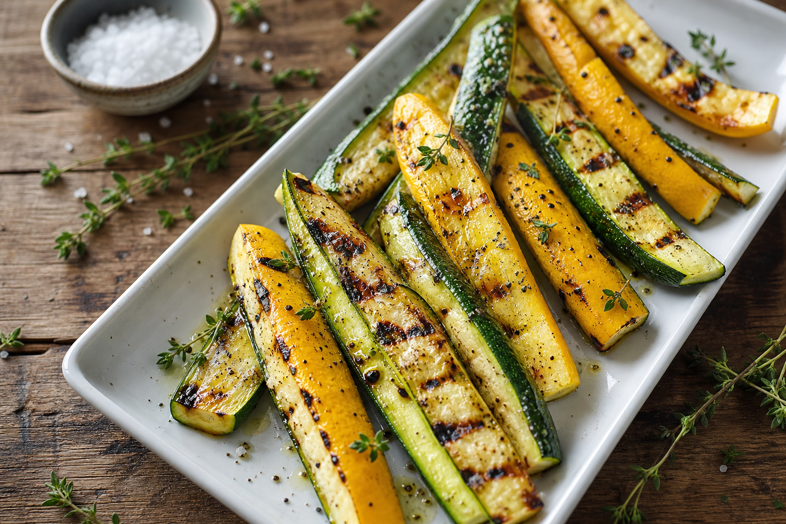 Grilled zucchini and yellow squash spears with grill marks herb oil and thyme on white platter