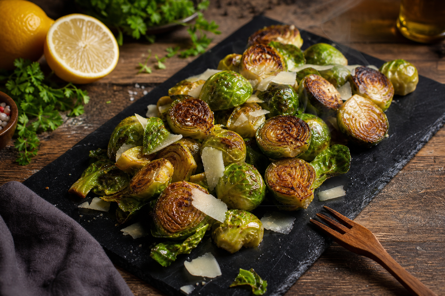 Roasted brussels sprouts with caramelized edges shaved parmesan and lemon on dark slate board