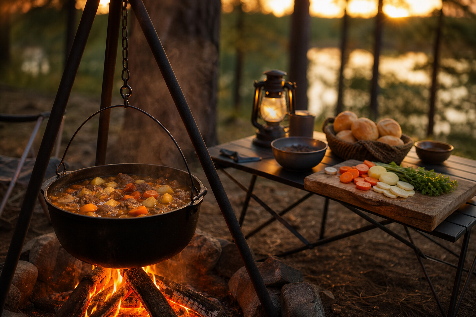 8 Campfire Dinner Ideas Everyone Will Love 16 Large cast iron pot of beef and vegetable stew hanging over a family campfire on a tripod at dusk