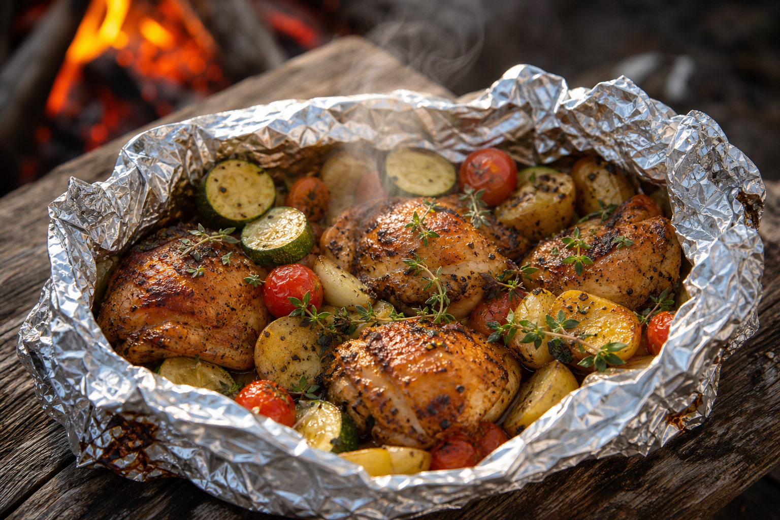 8 Campfire Dinner Ideas Everyone Will Love 10 Open foil packet with golden chicken thighs, baby potatoes, zucchini, and cherry tomatoes on campfire grate
