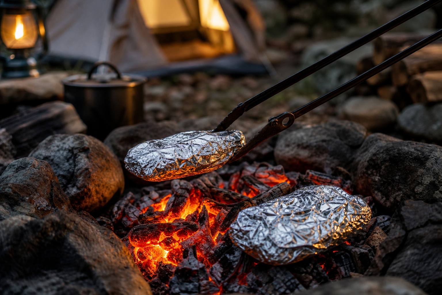 8 Campfire Dinner Ideas Everyone Will Love 11 Foil packet with shrimp and corn being placed onto glowing campfire coals with metal tongs at dusk
