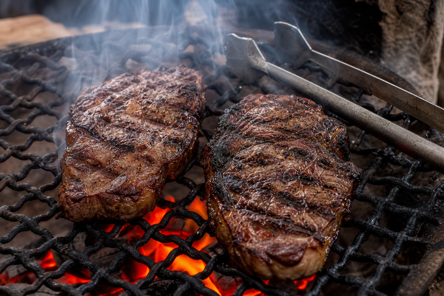 8 Campfire Dinner Ideas Everyone Will Love 14 Two thick ribeye steaks with char marks searing on a campfire iron grate over glowing hardwood coals