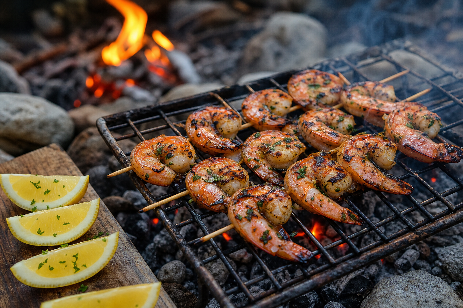 8 Campfire Dinner Ideas Everyone Will Love 15 Garlic herb marinated grilled shrimp skewers with char marks and lemon wedges over a campfire grate