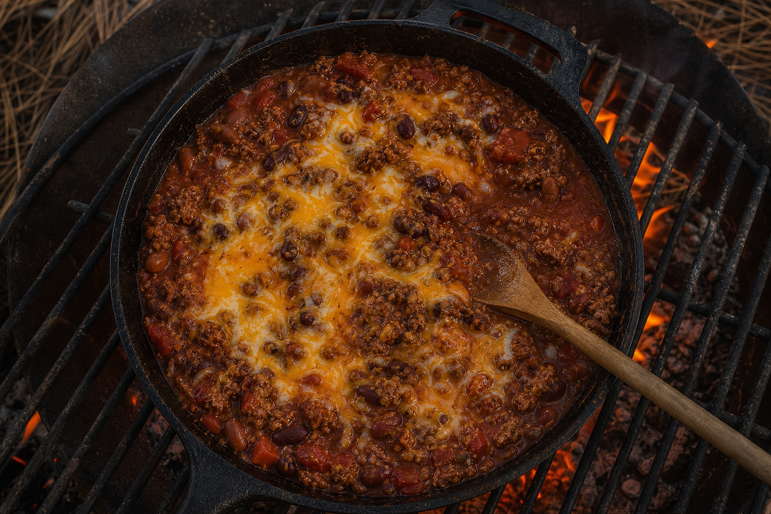 8 Campfire Dinner Ideas Everyone Will Love 12 Cast iron skillet with cheesy ground beef and bean chili on a campfire grate over glowing coals