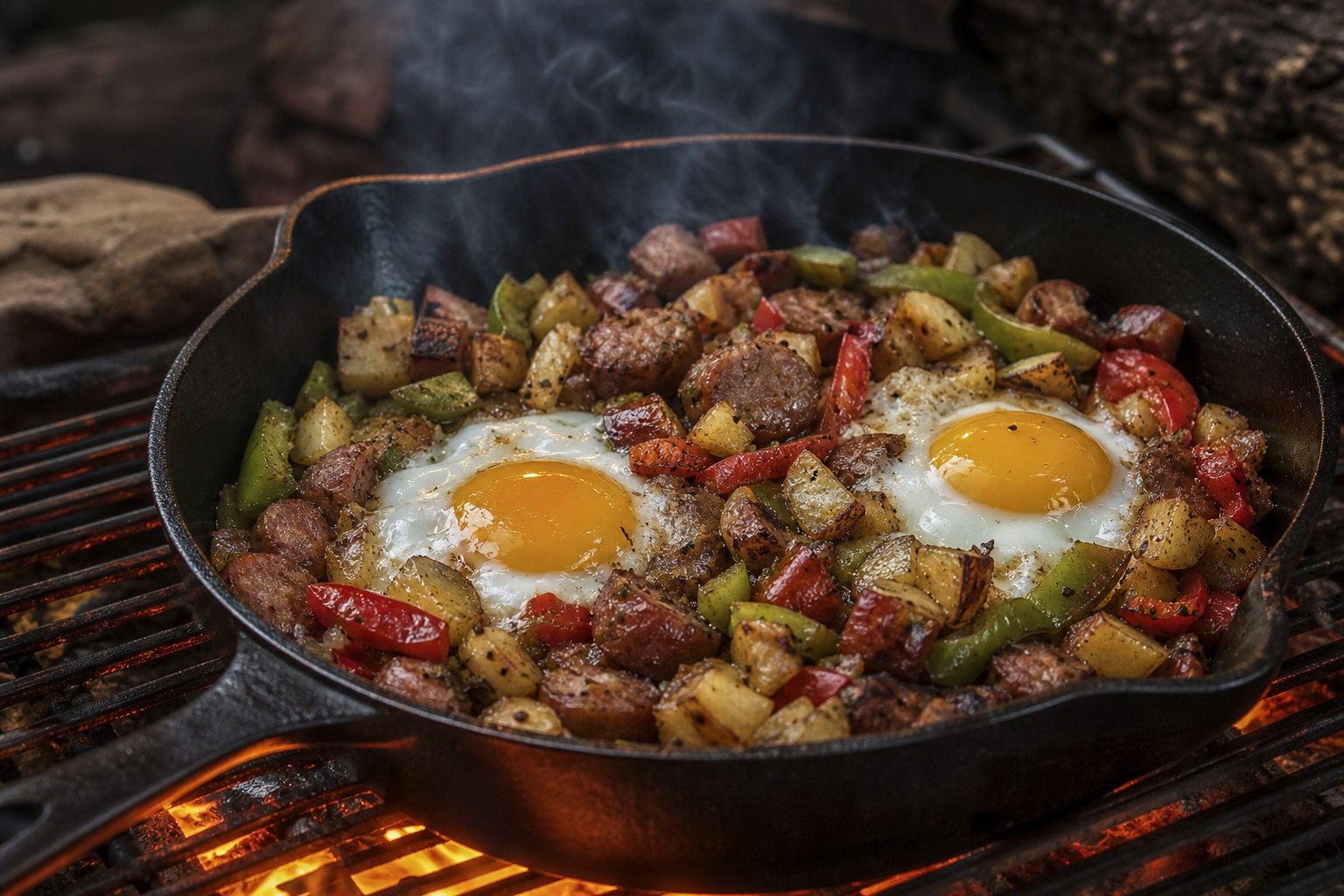 8 Campfire Dinner Ideas Everyone Will Love 13 Cast iron skillet campfire hash with crispy potatoes, sausage, bell peppers, and two sunny-side-up eggs