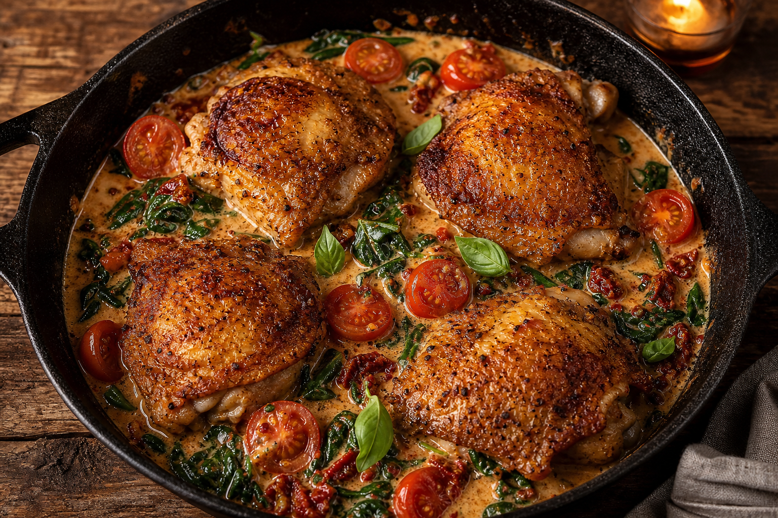 12 Cast Iron Skillet Dinner Ideas 17 Crispy chicken thighs in cast iron with sun-dried tomato cream sauce and fresh basil