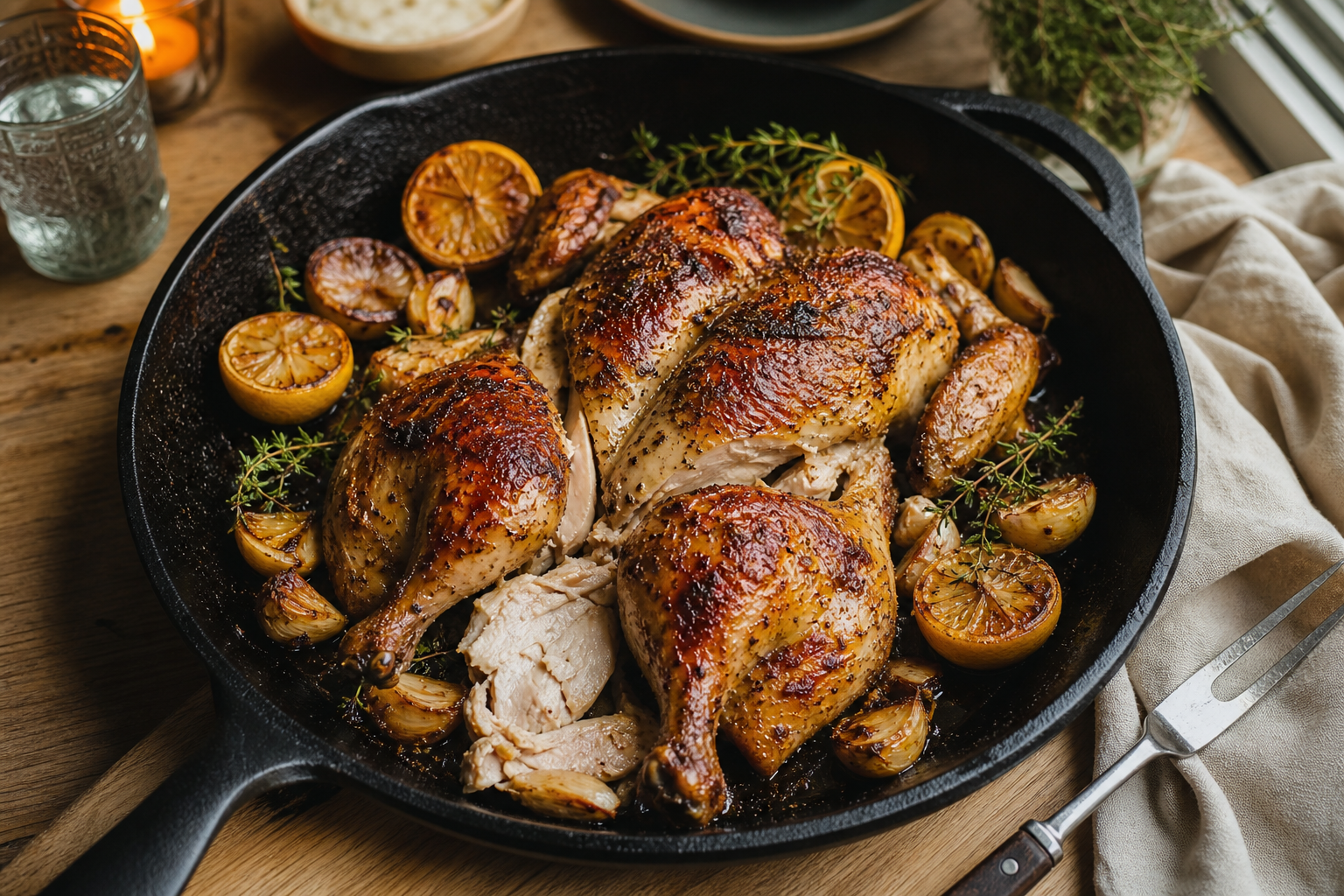 12 Cast Iron Skillet Dinner Ideas 18 Spatchcocked roast chicken in cast iron with roasted lemon garlic and fresh thyme
