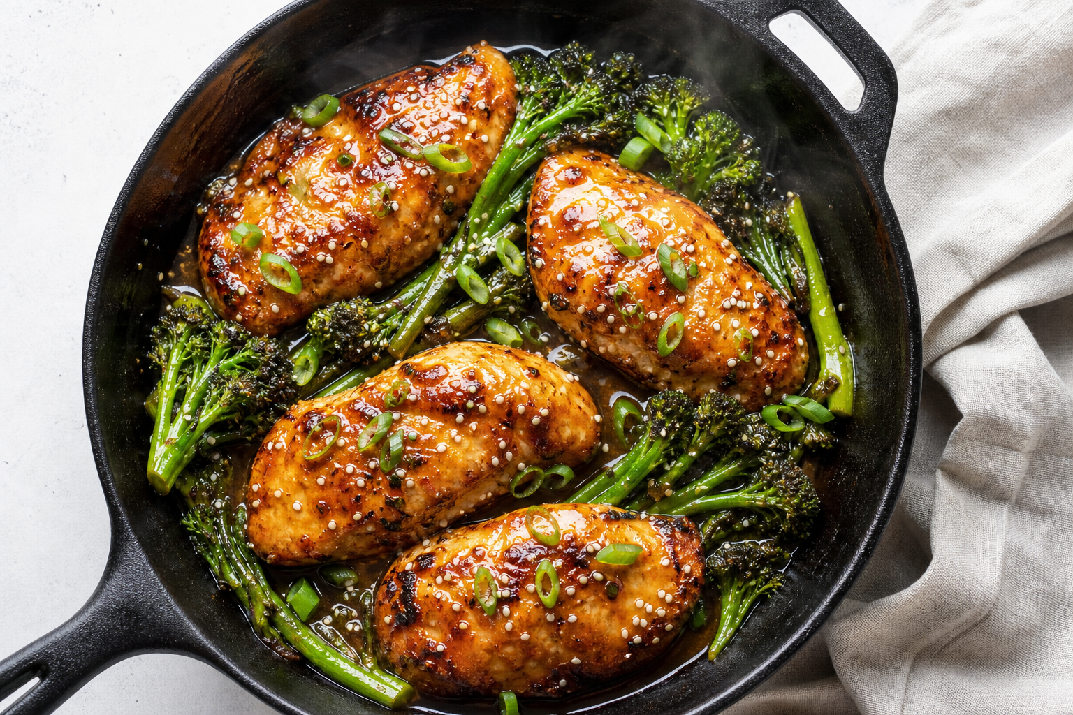 12 Cast Iron Skillet Dinner Ideas 19 Honey garlic glazed chicken breasts in cast iron skillet with broccolini and sesame seeds