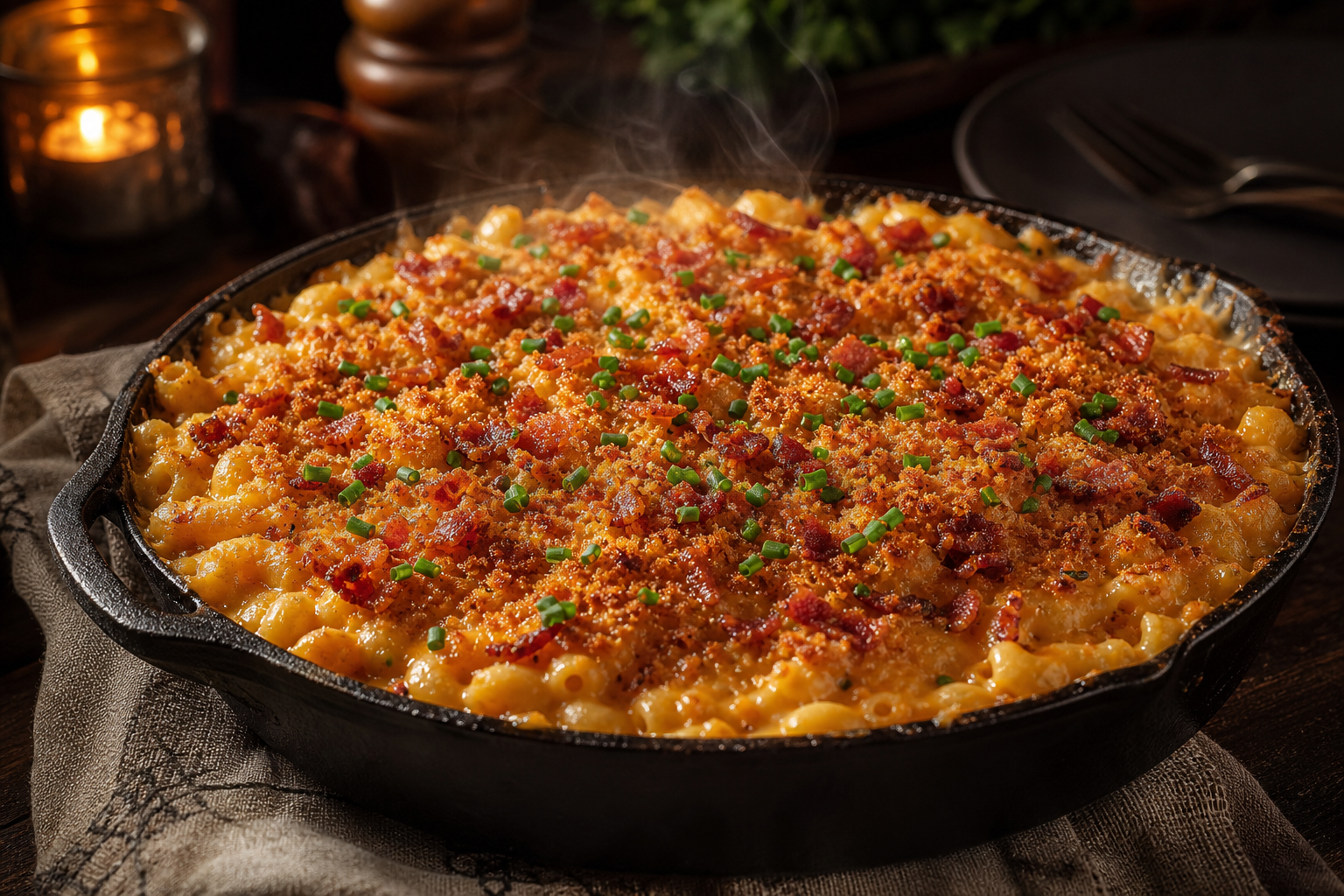 12 Cast Iron Skillet Dinner Ideas 21 Bubbling cast iron skillet mac and cheese with bacon breadcrumb topping and fresh chives