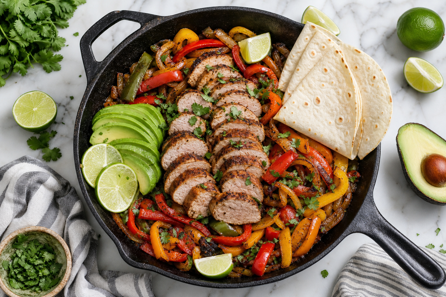 12 Cast Iron Skillet Dinner Ideas 23 Cast iron skillet pork tenderloin fajitas with colorful peppers onions avocado and lime