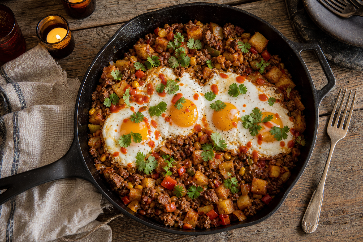 12 Cast Iron Skillet Dinner Ideas 24 Cast iron skillet ground beef and potato hash topped with fried eggs and fresh cilantro