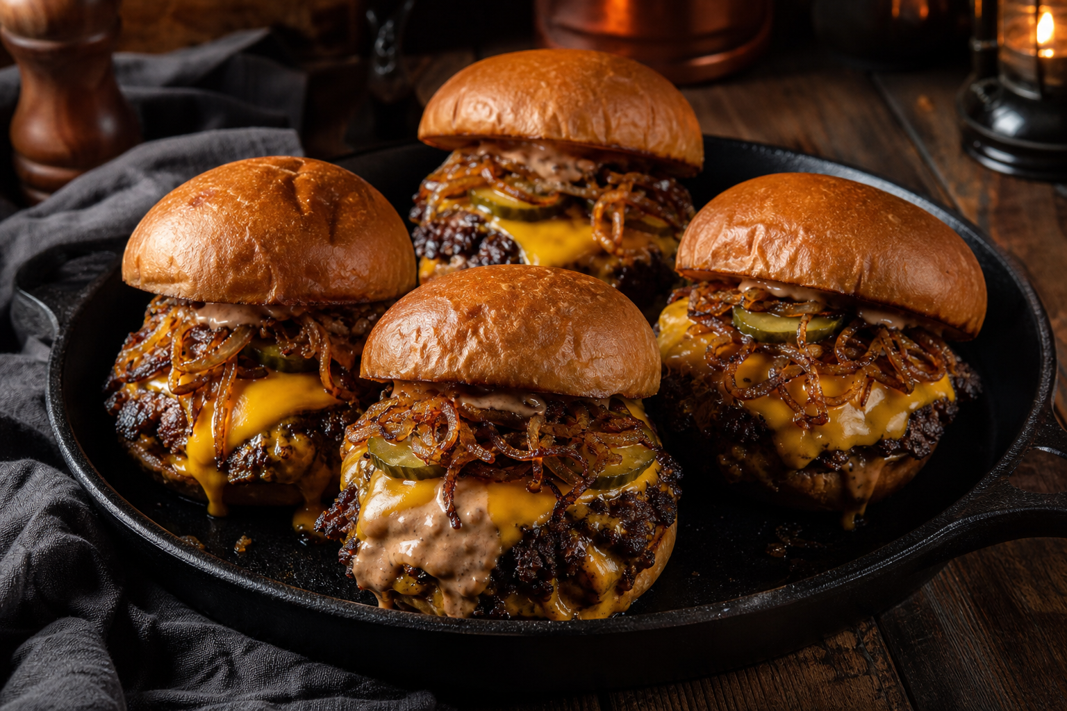 12 Cast Iron Skillet Dinner Ideas 25 Smash burgers with melted cheese caramelized onions and sauce served in cast iron skillet