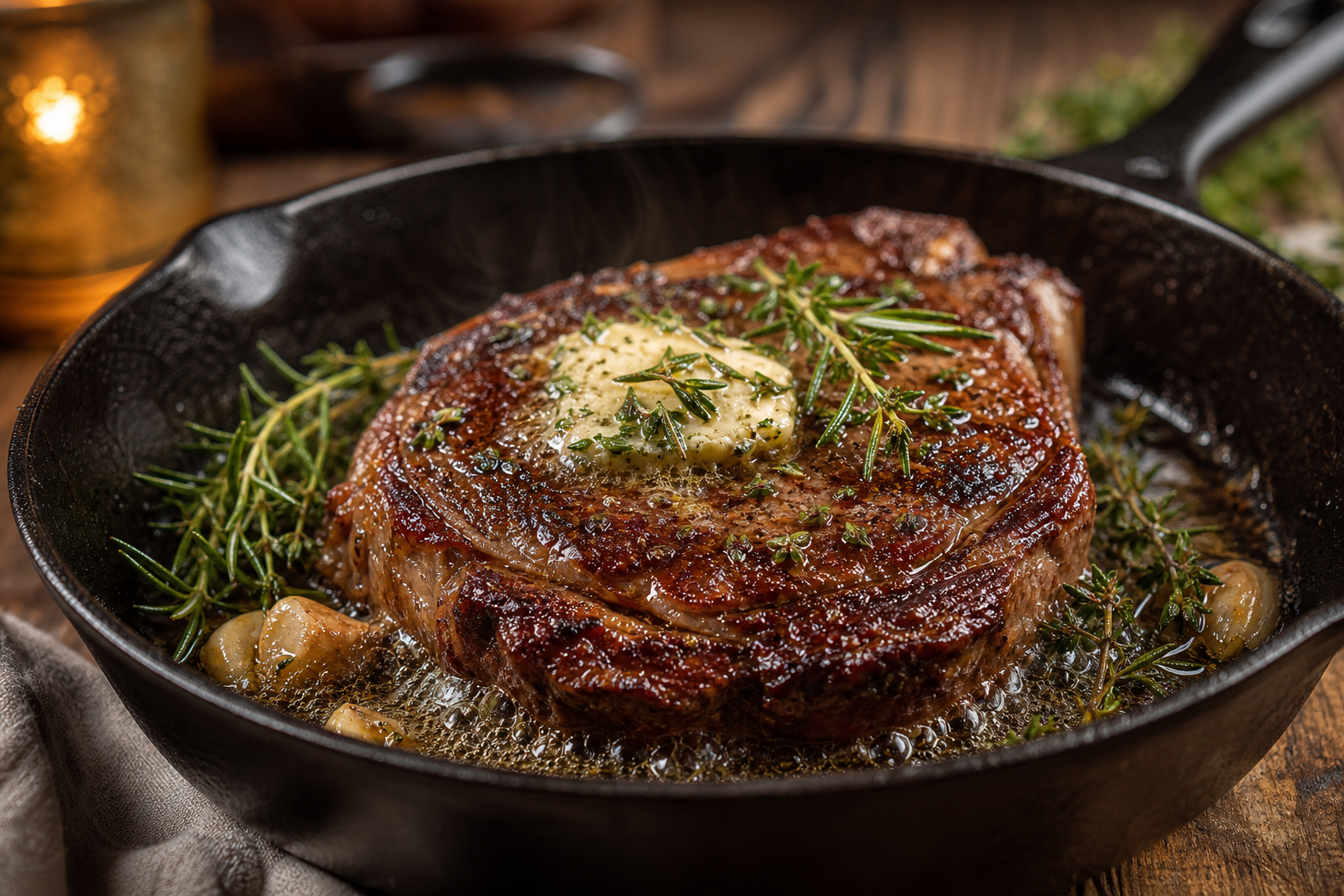 12 Cast Iron Skillet Dinner Ideas 14 Thick ribeye steak sizzling in cast iron skillet with garlic herb butter and fresh herbs