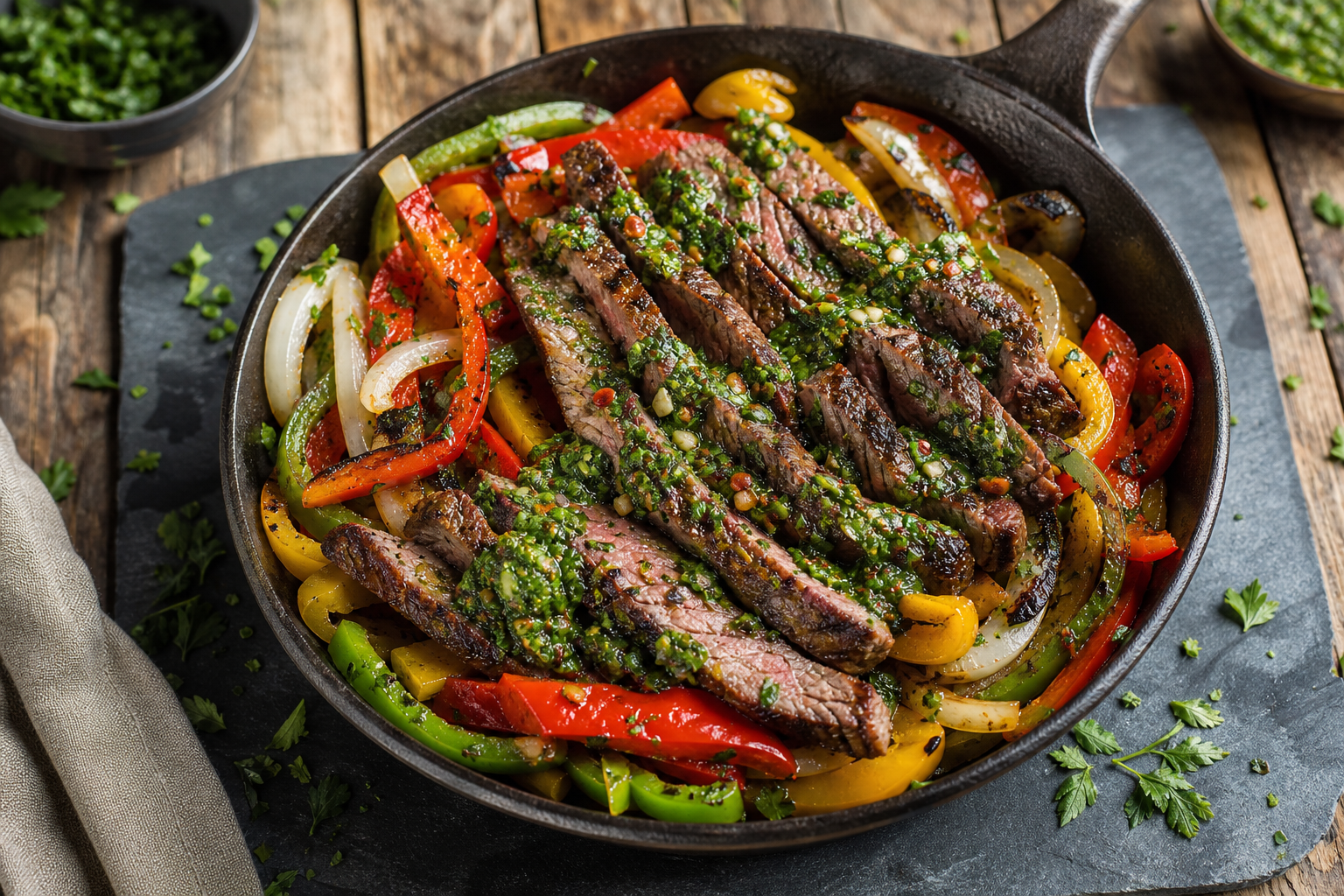 12 Cast Iron Skillet Dinner Ideas 15 Sliced flank steak with sautéed peppers and chimichurri sauce in cast iron skillet