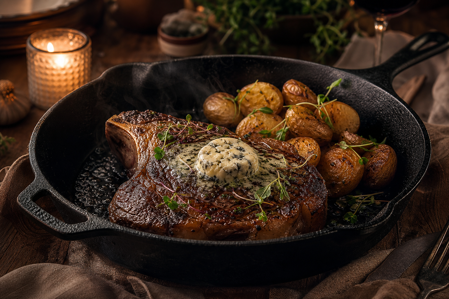 12 Cast Iron Skillet Dinner Ideas 16 Bone-in New York strip steak with melting blue cheese butter and roasted fingerling potatoes