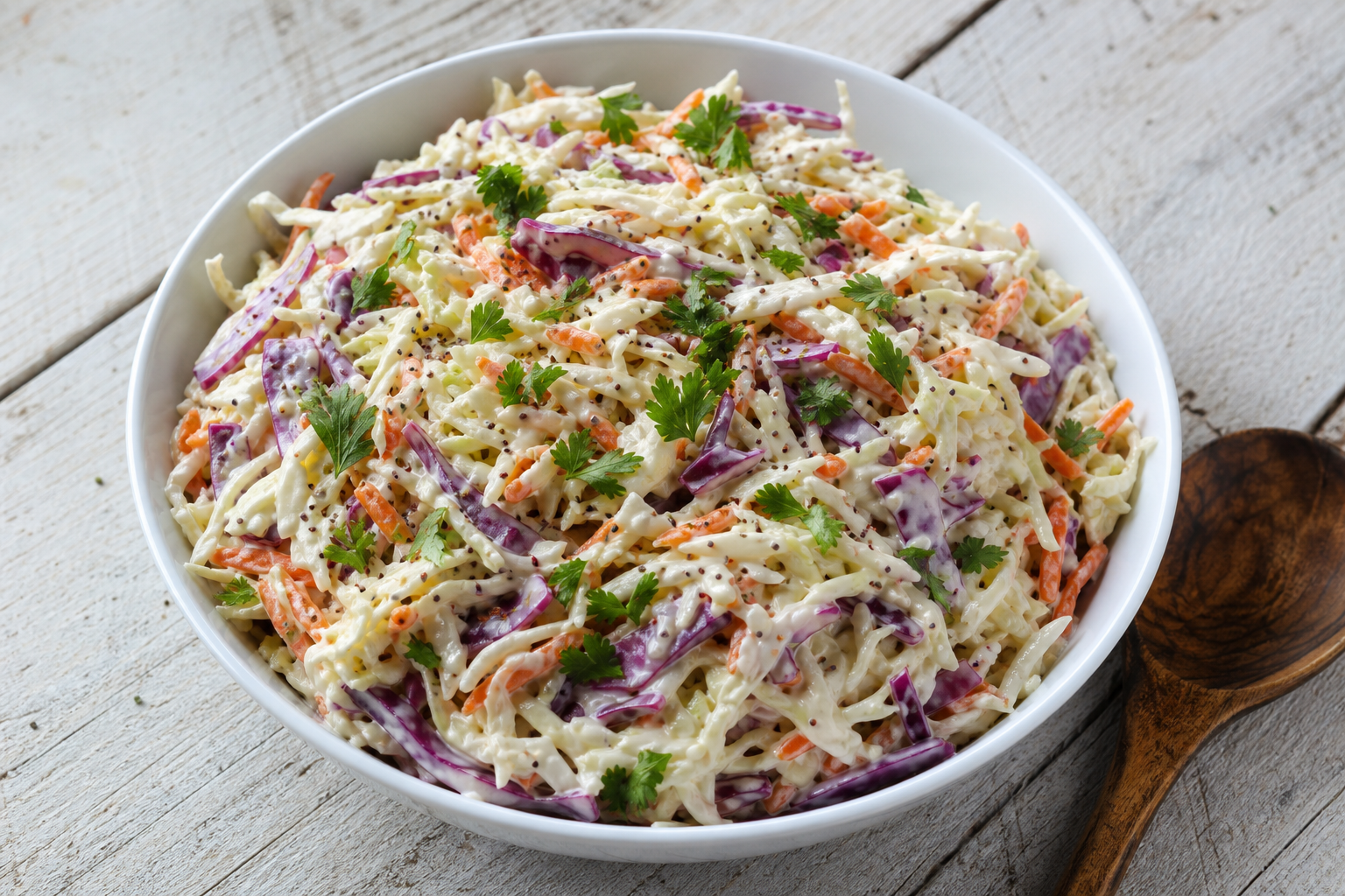 10 Coleslaw Ideas That Go Beyond the Basics 12 Large white bowl of creamy classic coleslaw with green cabbage, purple cabbage, and shredded carrots