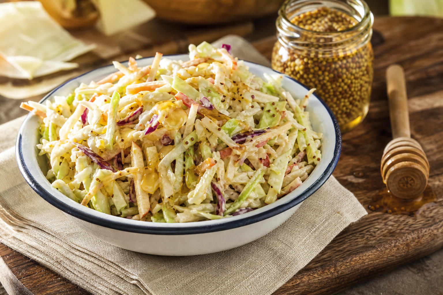 10 Coleslaw Ideas That Go Beyond the Basics 13 White enamel bowl of honey mustard creamy coleslaw on a rustic wooden serving board