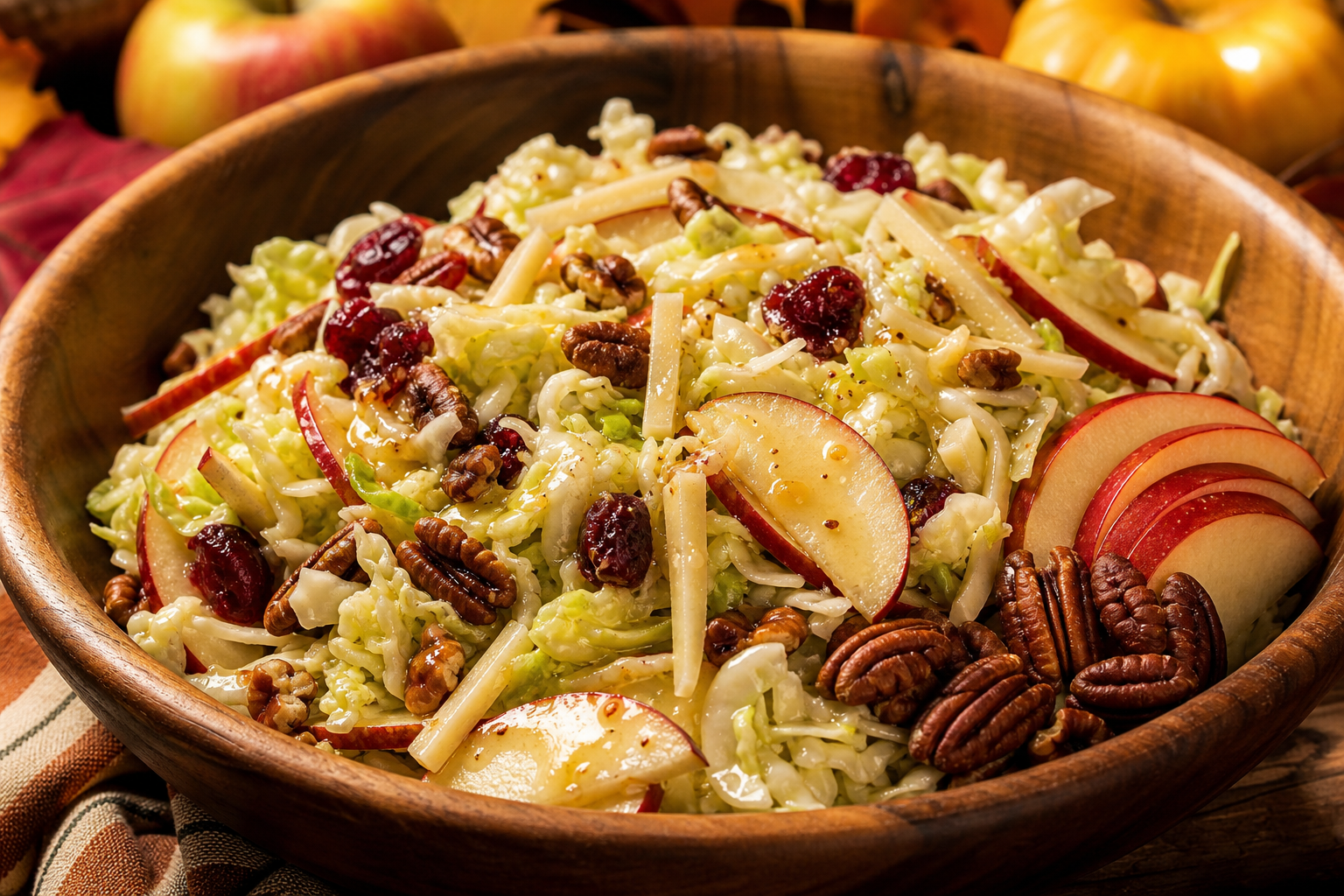 10 Coleslaw Ideas That Go Beyond the Basics 18 Wooden bowl of apple cranberry pecan coleslaw with white cheddar and apple cider vinaigrette