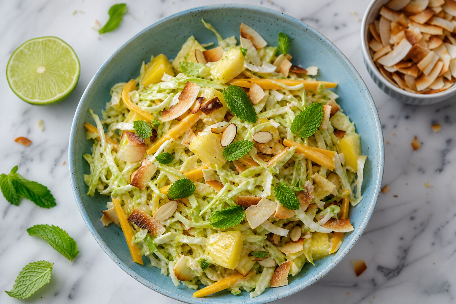 10 Coleslaw Ideas That Go Beyond the Basics 19 Tropical coleslaw in blue ceramic bowl with mango, pineapple, coconut flakes, and slivered almonds