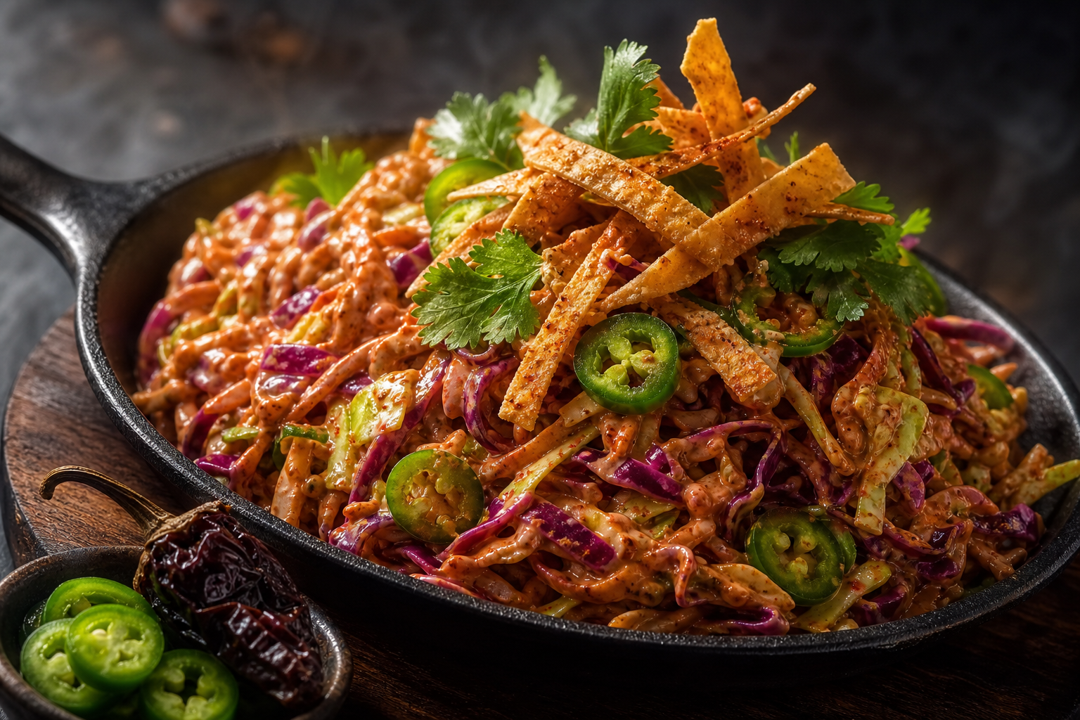 10 Coleslaw Ideas That Go Beyond the Basics 20 Cast iron skillet of smoky chipotle coleslaw with jalapeño rings and crispy tortilla strips