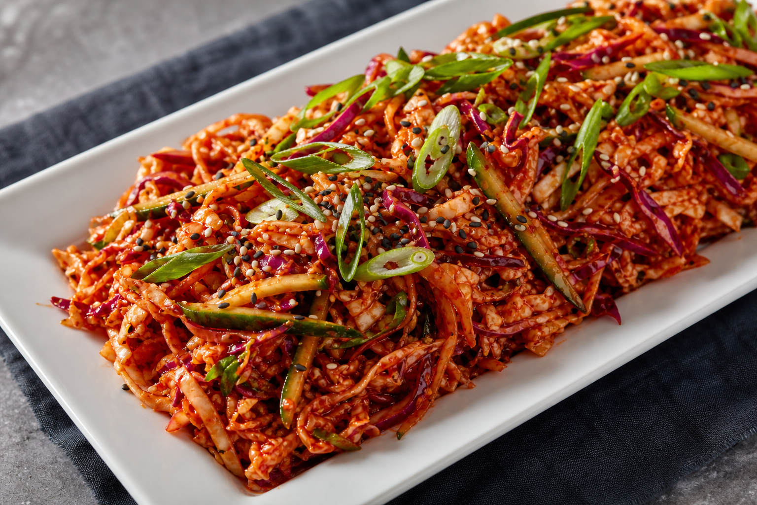 10 Coleslaw Ideas That Go Beyond the Basics 21 White rectangular dish of gochujang Korean slaw with napa cabbage, cucumber, and sesame seeds