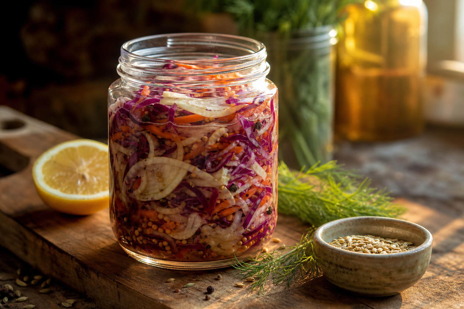 10 Coleslaw Ideas That Go Beyond the Basics 17 Mason jar of marinated red cabbage and fennel vinegar slaw with white wine vinegar brine