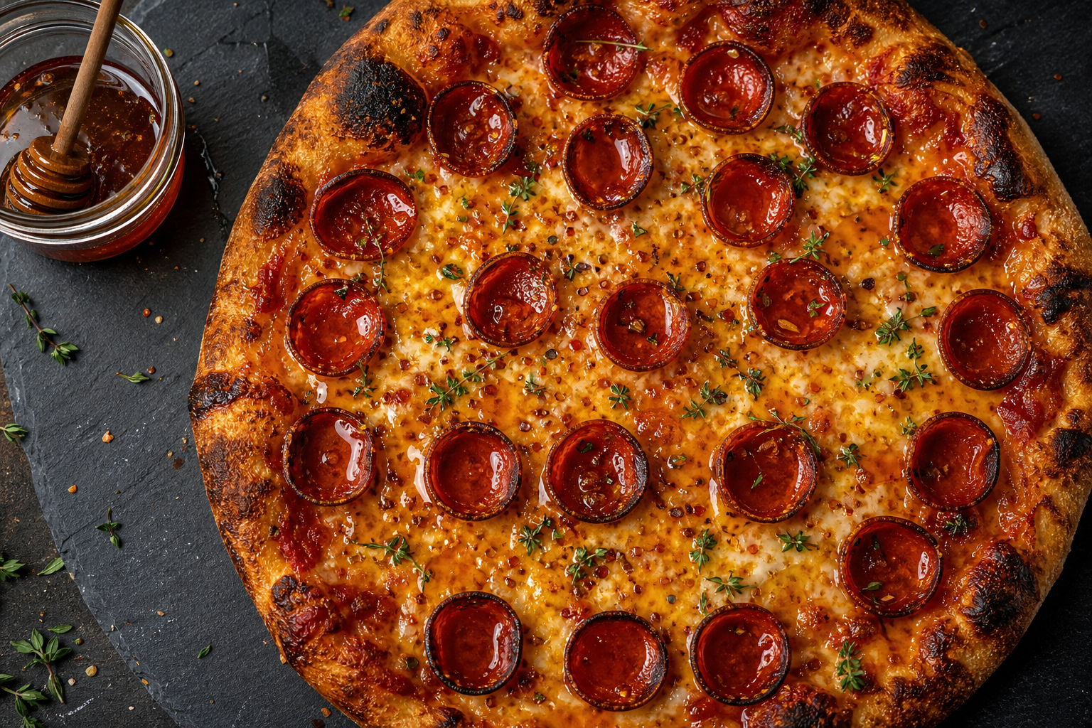 Pepperoni pizza with hot honey drizzle and crispy charred pepperoni cups on a slate board
