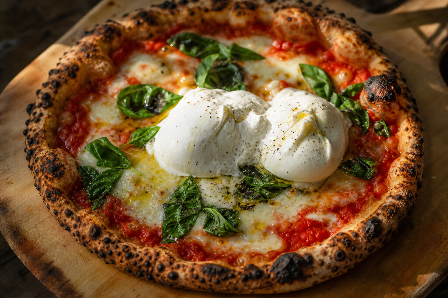 Margherita pizza topped with fresh burrata cheese, basil, and San Marzano tomato sauce on a wooden peel