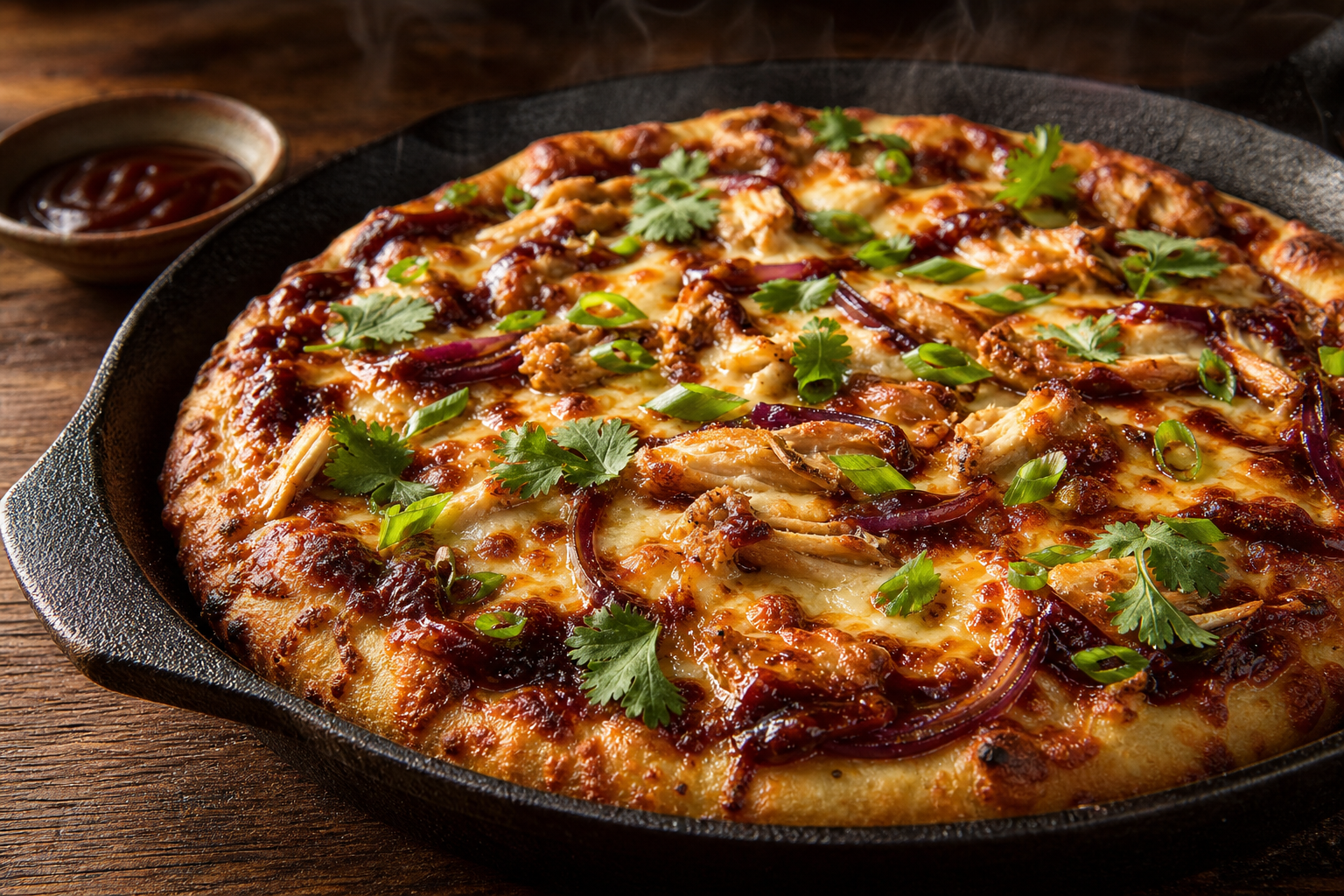 BBQ chicken pizza with smoked gouda, caramelized onions, and cilantro in a cast iron pan