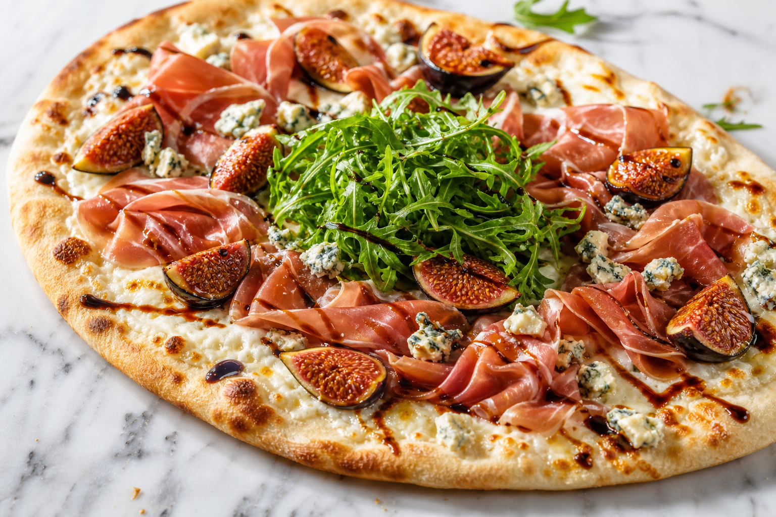 Gourmet prosciutto and fig pizza with gorgonzola, arugula, and balsamic glaze on white marble