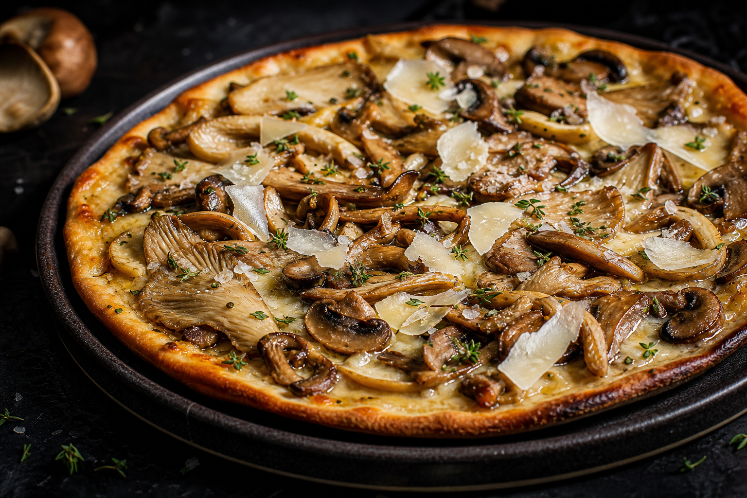White truffle mushroom pizza with mixed roasted mushrooms, shaved Parmesan, and truffle oil on a dark ceramic plate