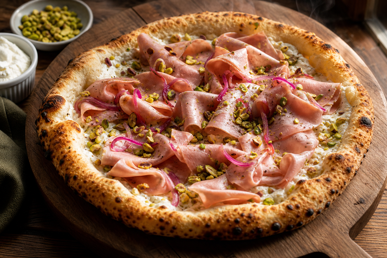 Gourmet mortadella pizza with ricotta base, crushed pistachios, and pickled red onion on a wooden board