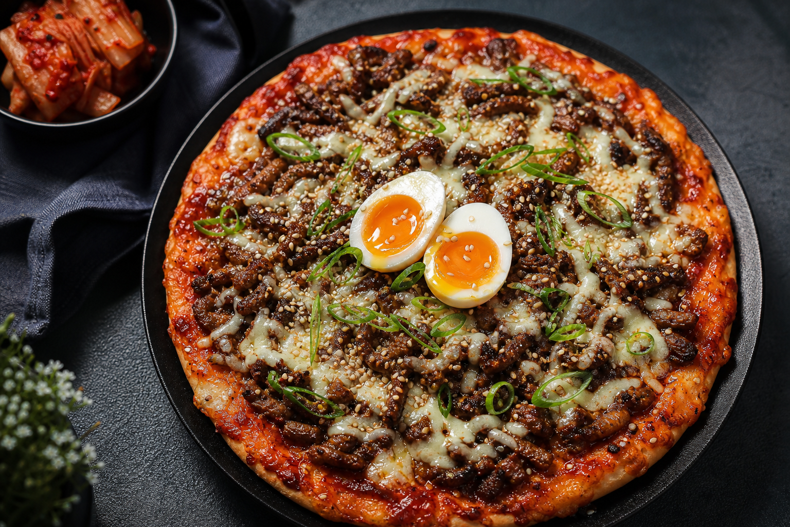 Korean bulgogi pizza with gochujang sauce, marinated beef, sesame seeds, and a soft-boiled egg on a black plate