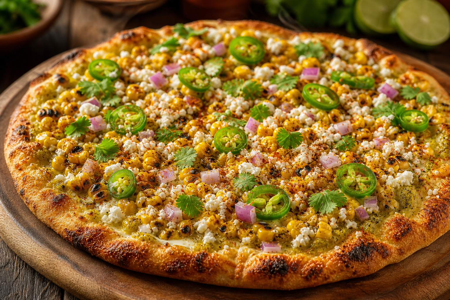 Mexican street corn pizza with roasted corn, cotija cheese, jalapeños, and crema base on a wooden board