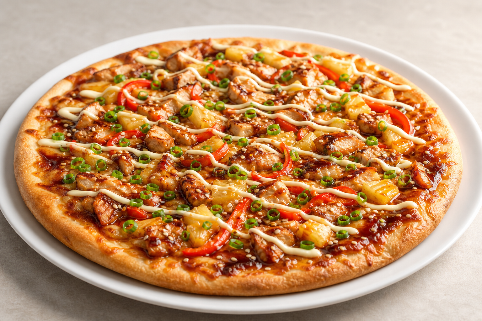 Teriyaki chicken pizza with pineapple, Japanese mayo, and teriyaki glaze on a white ceramic plate