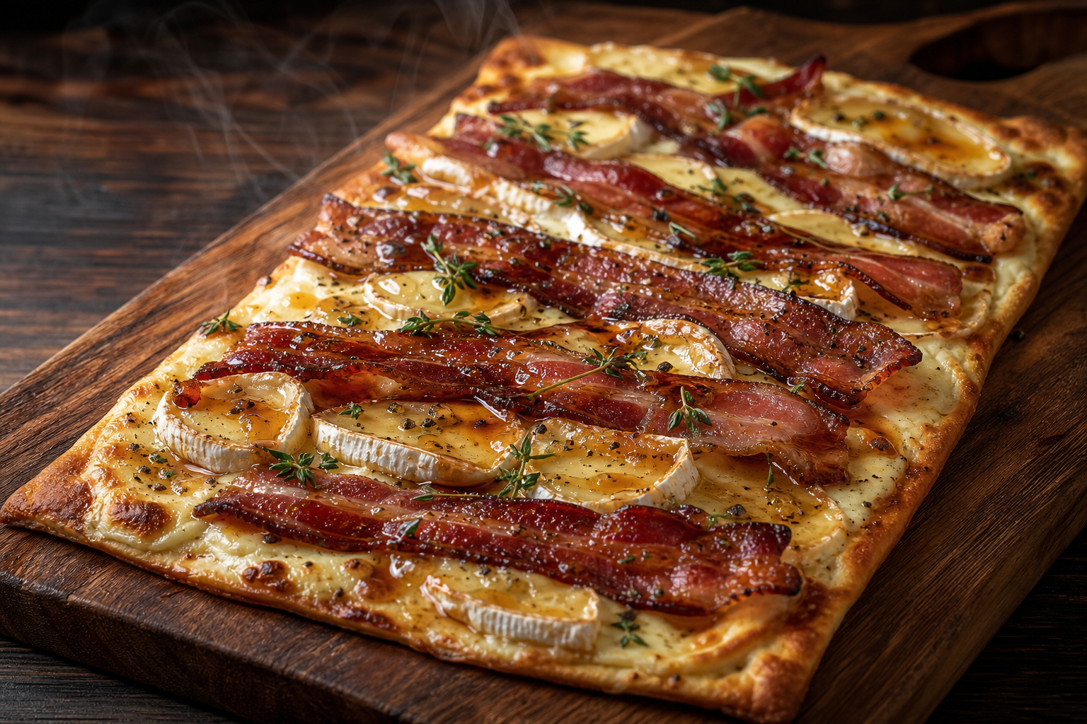 Bacon and maple brie pizza with cream cheese base, crispy bacon strips, and dark maple syrup drizzle on a wooden board