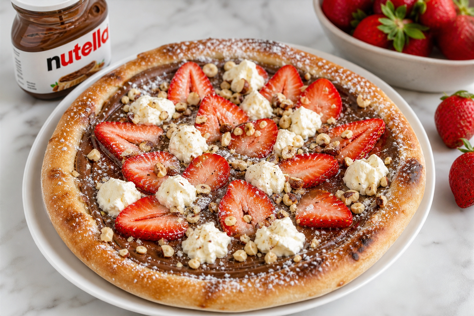 Dessert pizza with Nutella, fresh strawberries, mascarpone dollops, and crushed hazelnuts on white ceramic plate