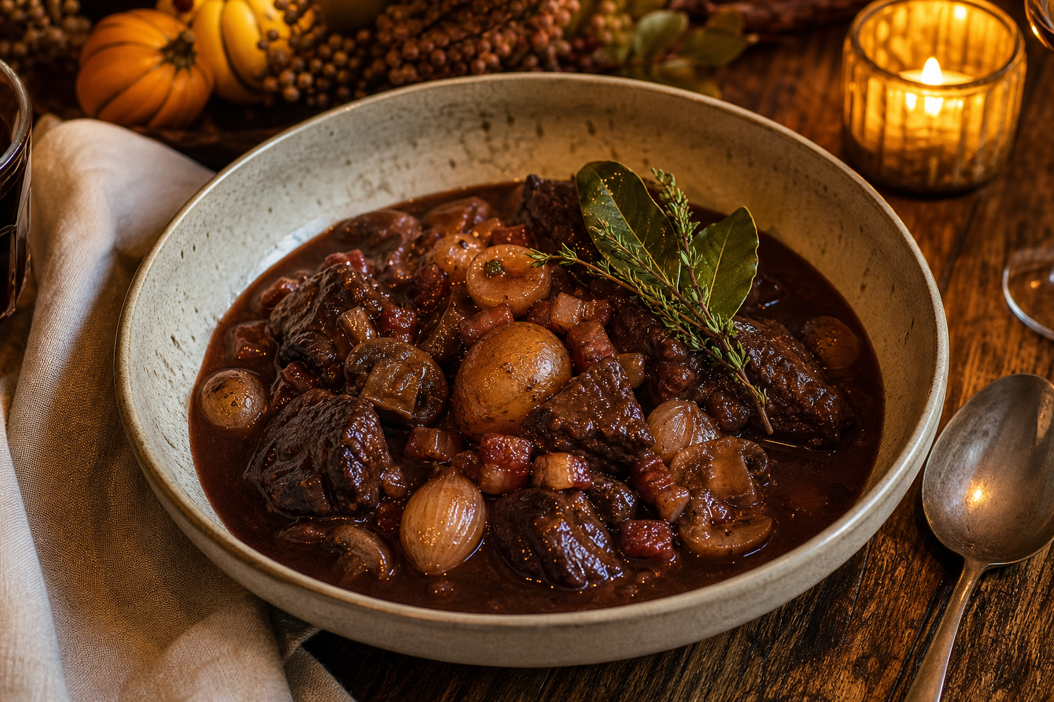 Ceramic bowl of French beef bourguignon with mushrooms, bacon lardons, and baby potatoes