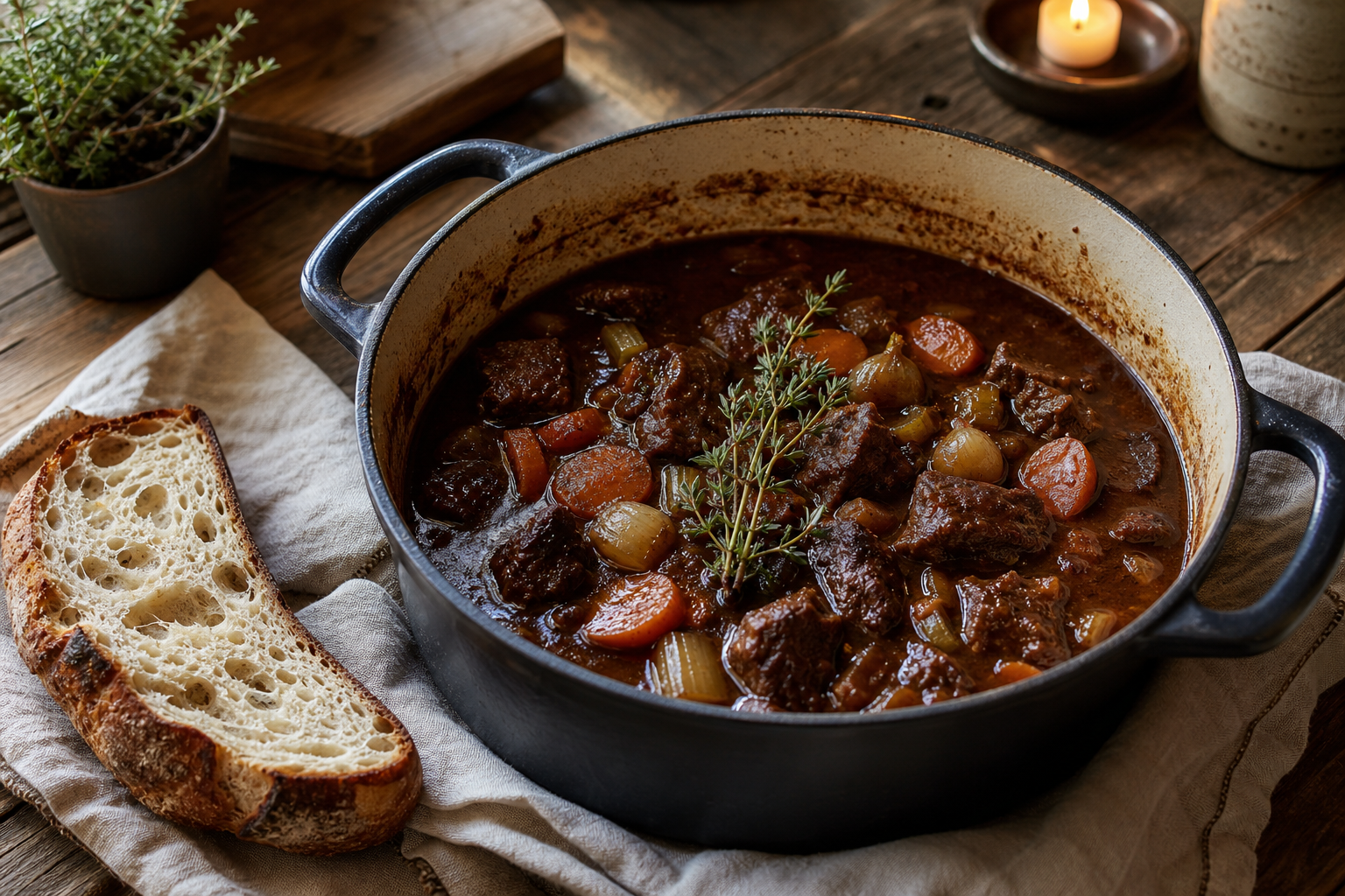 Rustic Dutch oven filled with hearty dark beef stew with carrots and pearl onions