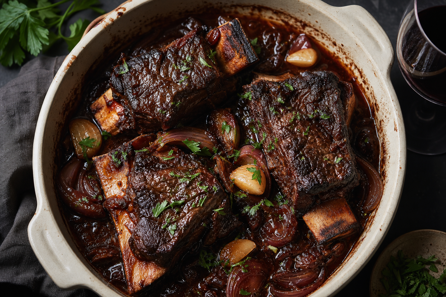 Close-up overhead view of glossy red wine braised beef short ribs with shallots and garlic