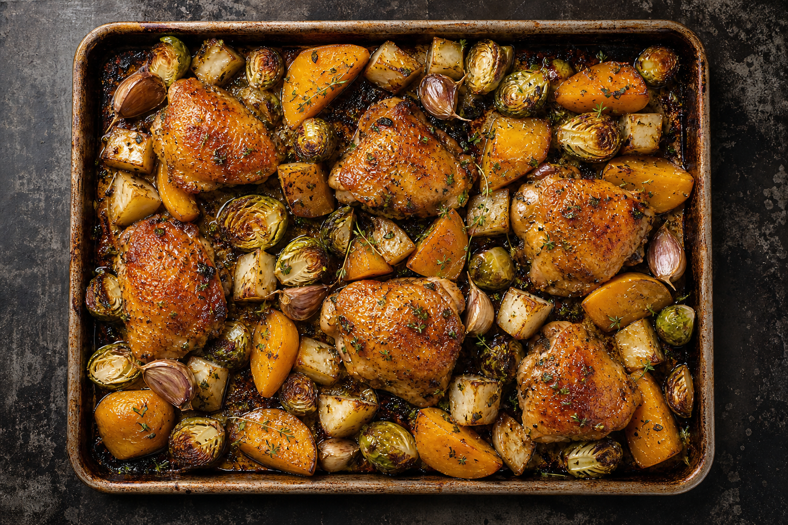 Overhead view of golden roasted chicken thighs with beets, celery root, and Brussels sprouts on a baking sheet