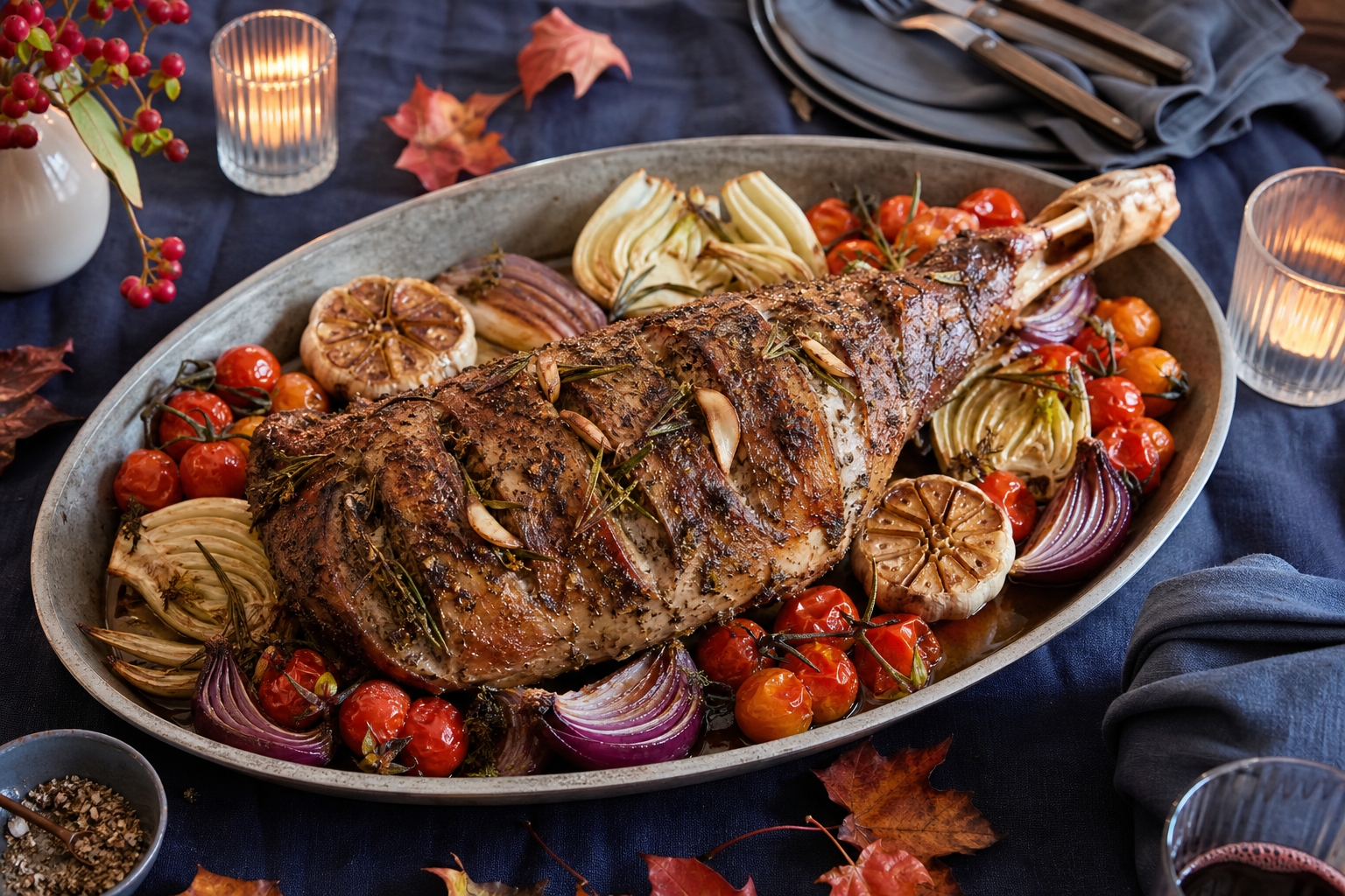 Slow-roasted leg of lamb with fennel, roasted garlic, and burst cherry tomatoes in an oval roasting pan