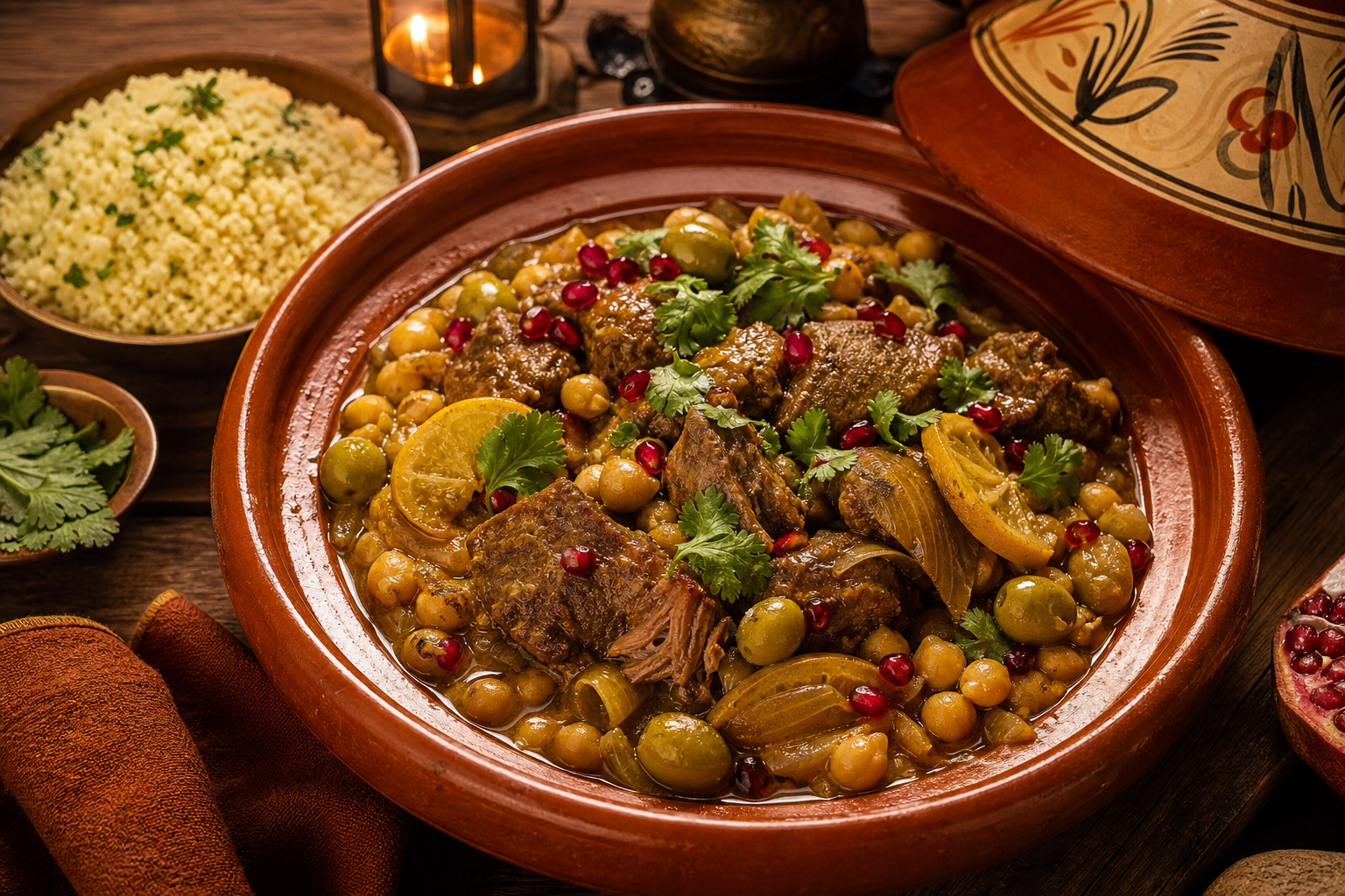 Moroccan tagine pot with spiced lamb shoulder, chickpeas, preserved lemon, and couscous