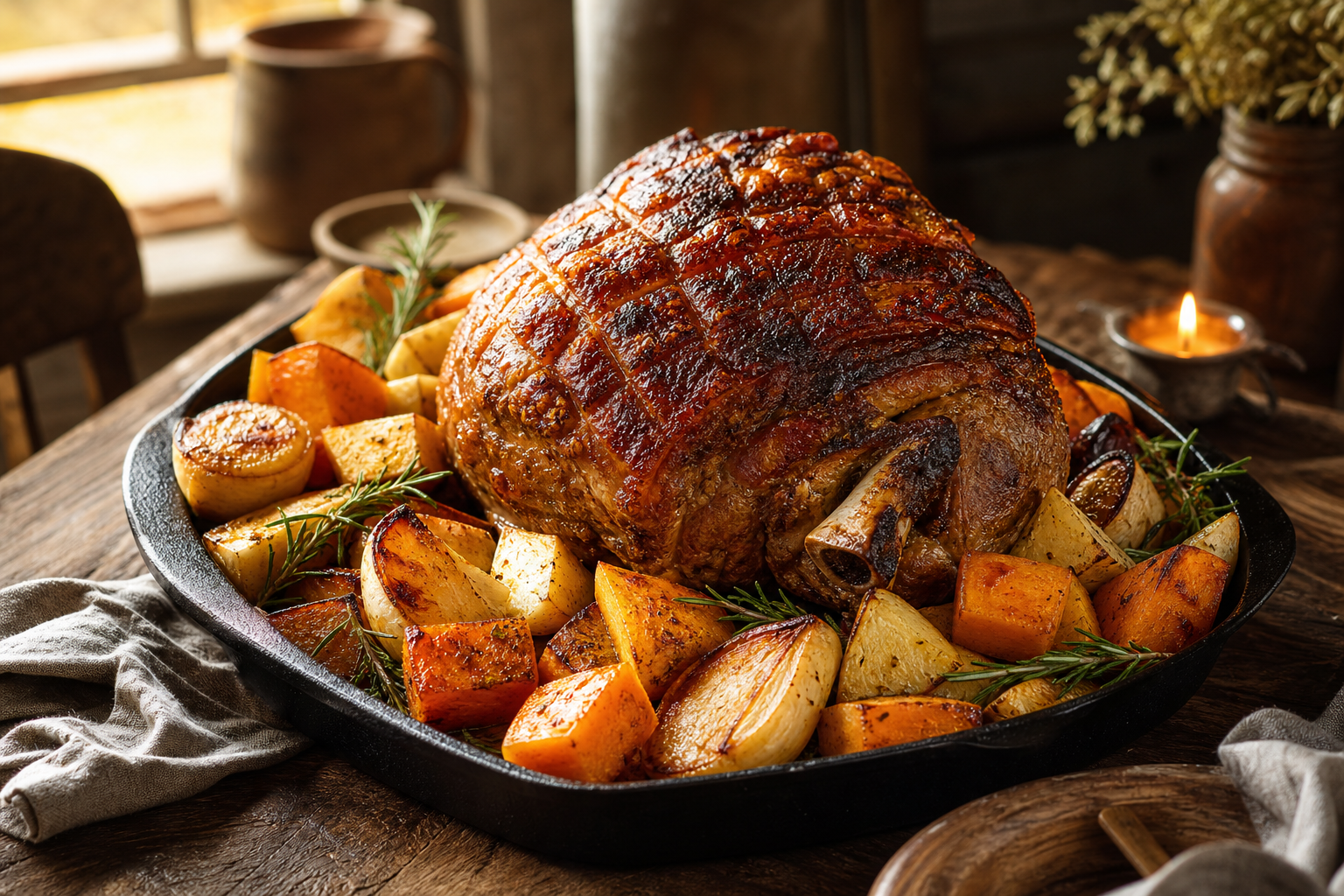 Bone-in pork shoulder roast on cast iron pan surrounded by caramelized parsnips and butternut squash