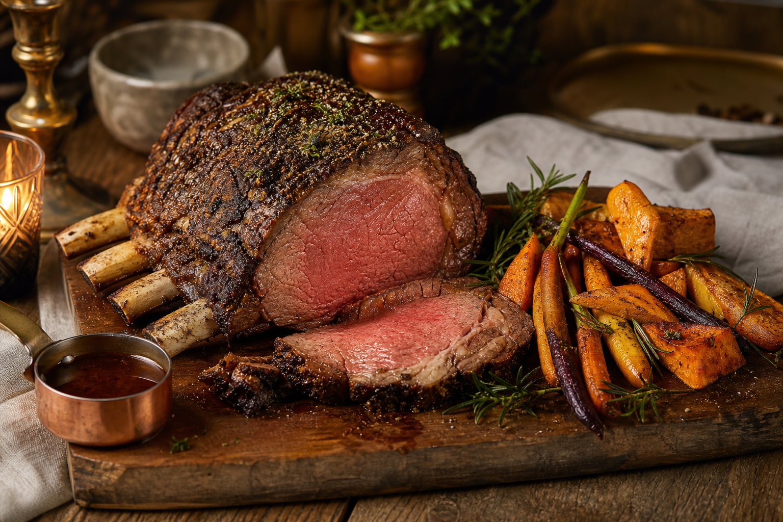Herb-crusted bone-in ribeye roast on carving board with roasted carrots and sweet potato wedges